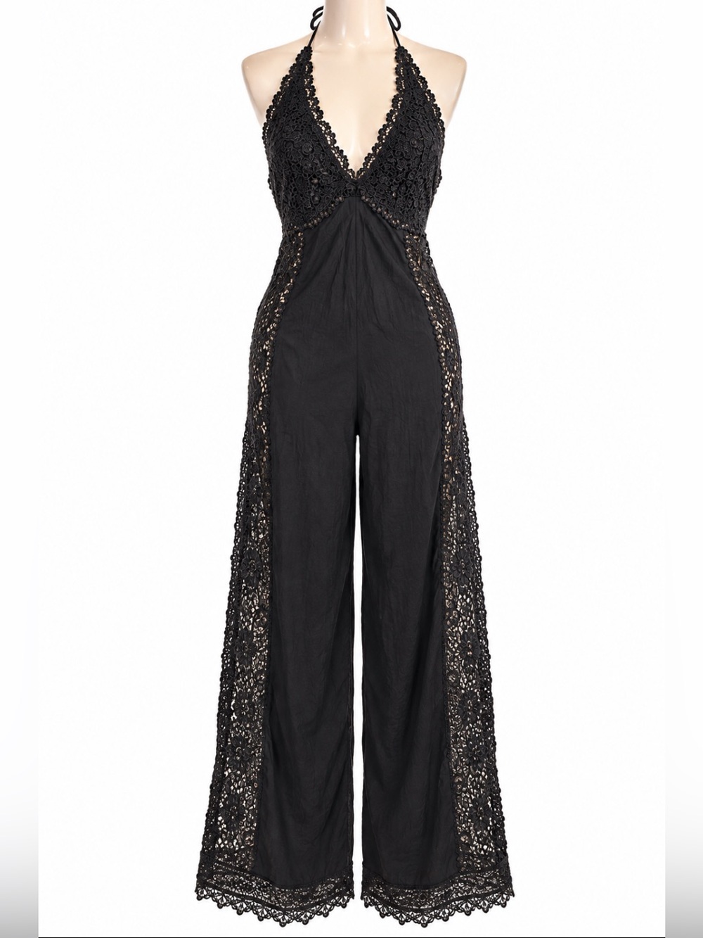 Charo Ruiz Ibiza Black Lace Halter Wide Leg Jumpsuit Size L NWOT